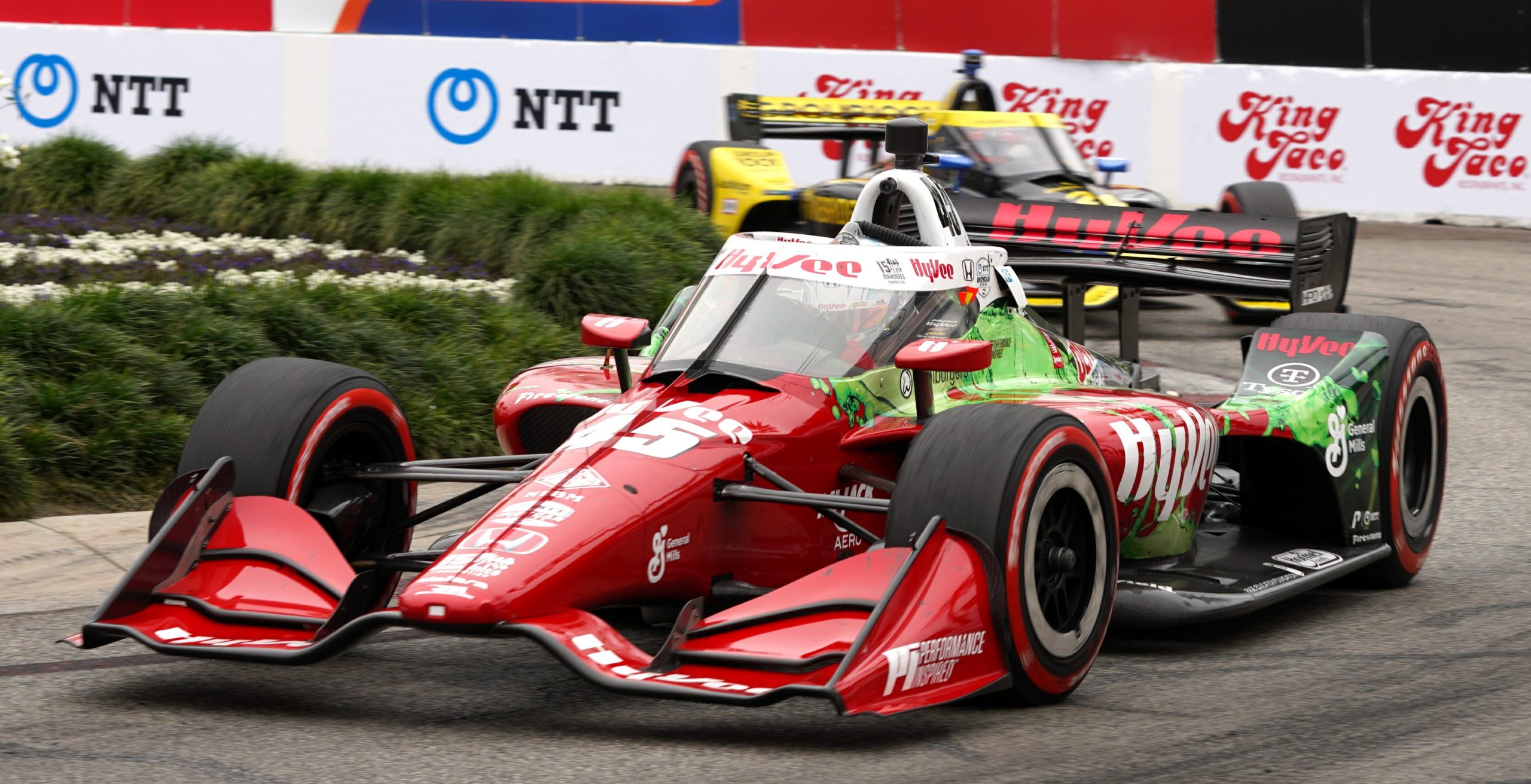 Here Askew is shown leading eventual winner Colton Herta through the fountain area (T3) during the race. In his short NTT IndyCar Series career, Askew has already earned a podium finish.