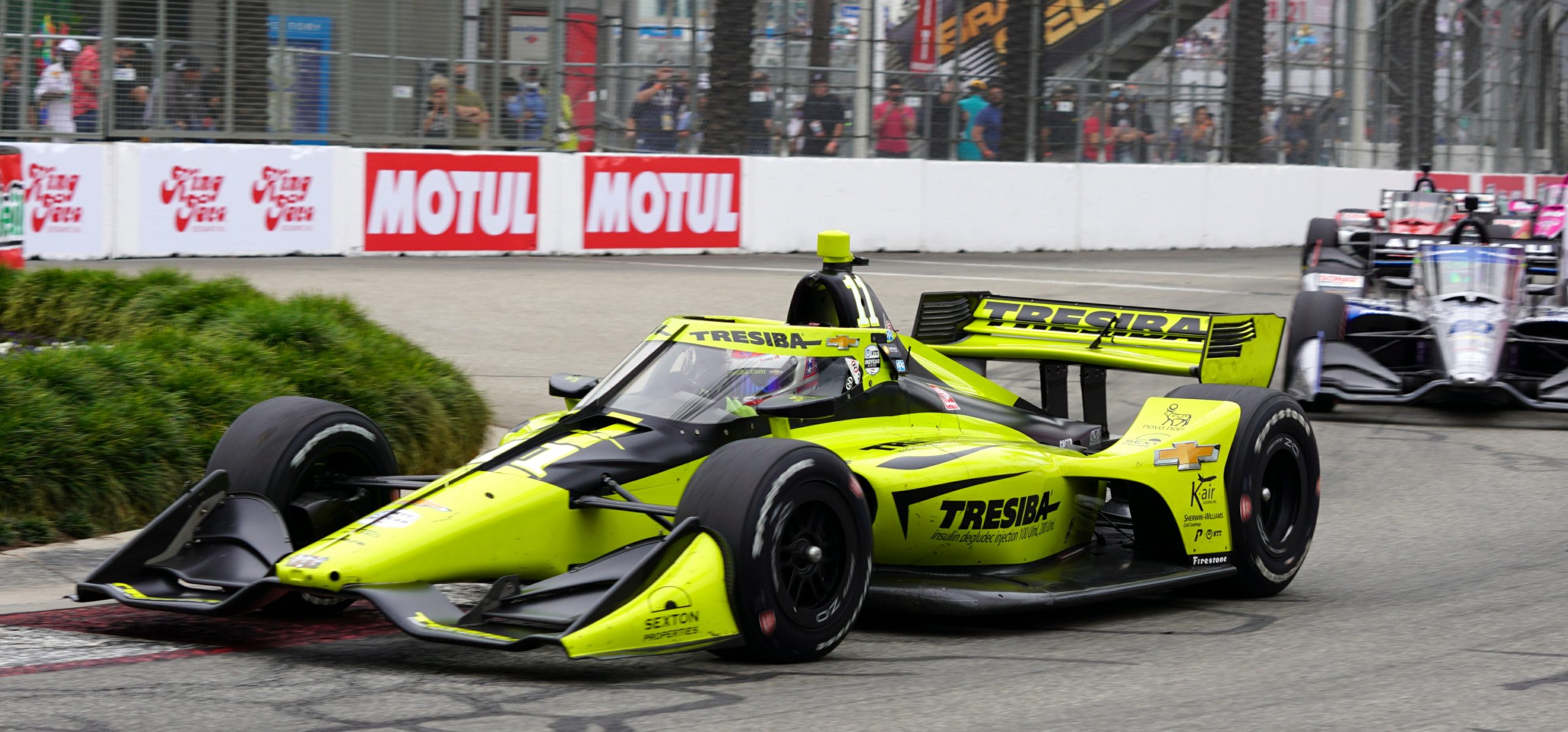 Kimball leads Conor Daly and Rinus VeeKay heading into Turn 2 during the race where he would eventually finish 18th.