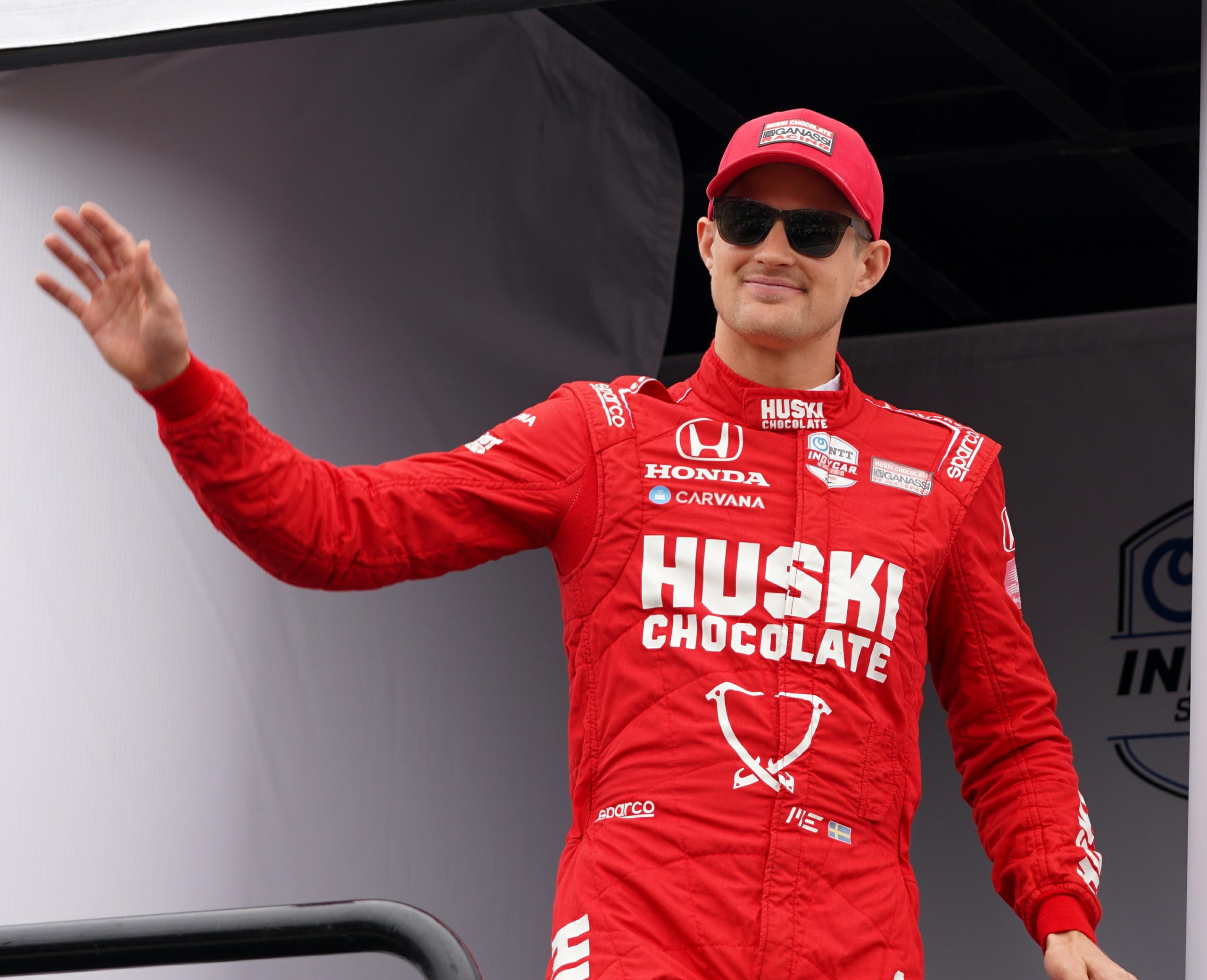 Marcus Ericsson waves to the crowd before the start of the 2021 Acura Grand Prix of Long Beach.