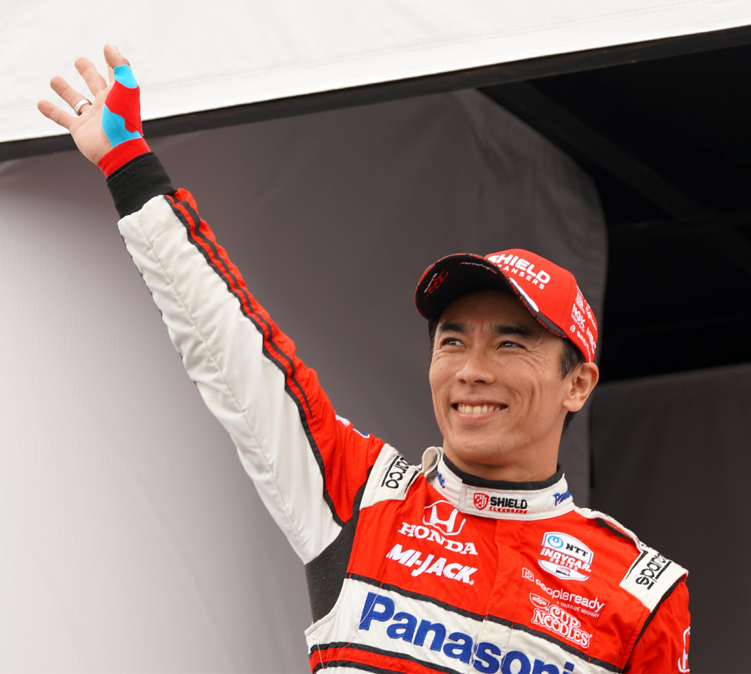 Takuma Sato waves to the crowd just prior to the start of the Acura Grand Prix of Long Beach. Was it also a farewell wave to IndyCar?